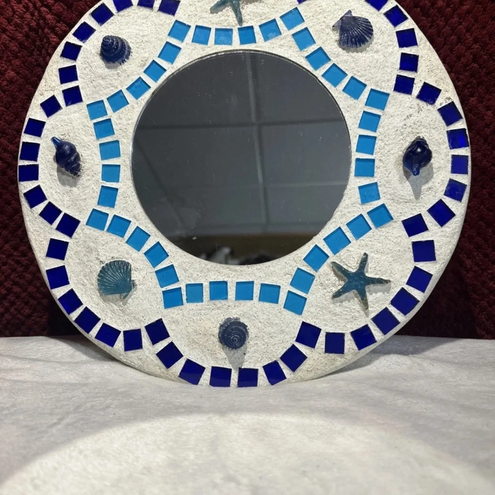 Coastal Mosaic Mirror Seashell Starfish Blue Tile Beach Decor Round Wall Art 12”